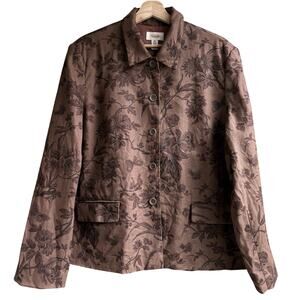 VTG Talbots 100% Linen Button Front Jacket Floral Brown Lined Earthy Retro 20